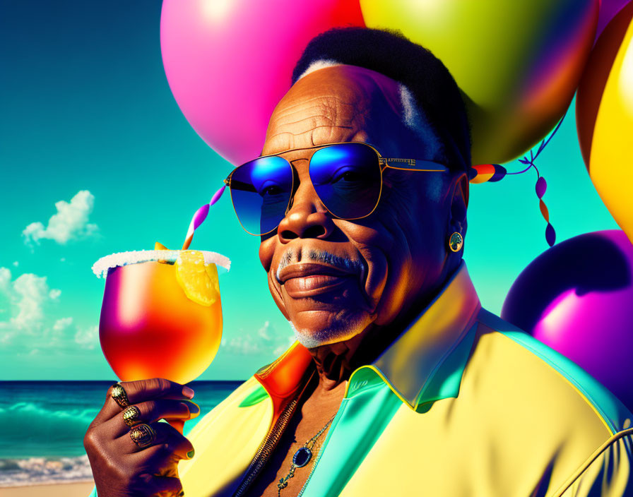 Person in sunglasses with cocktail and balloons by ocean