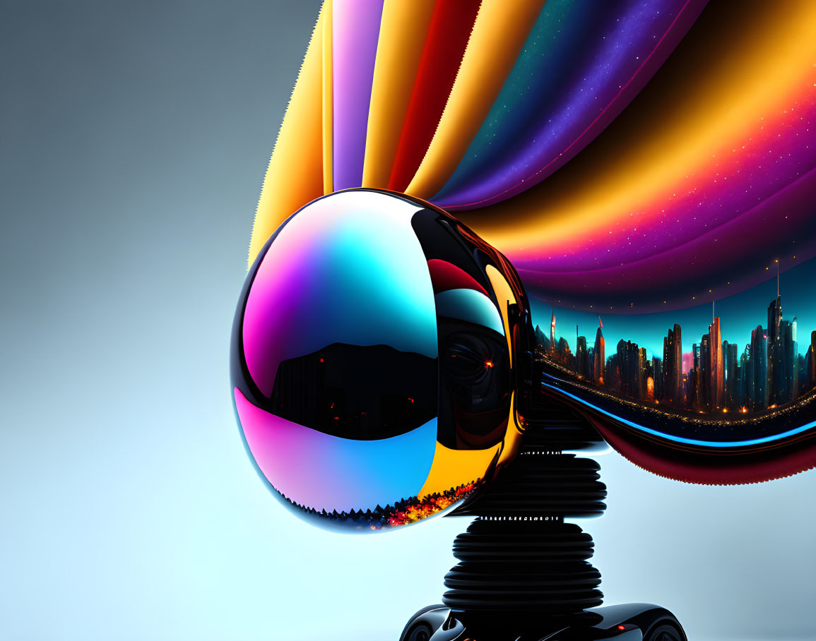 Multicolored glossy sphere on black pedestal with vibrant ribbons in background