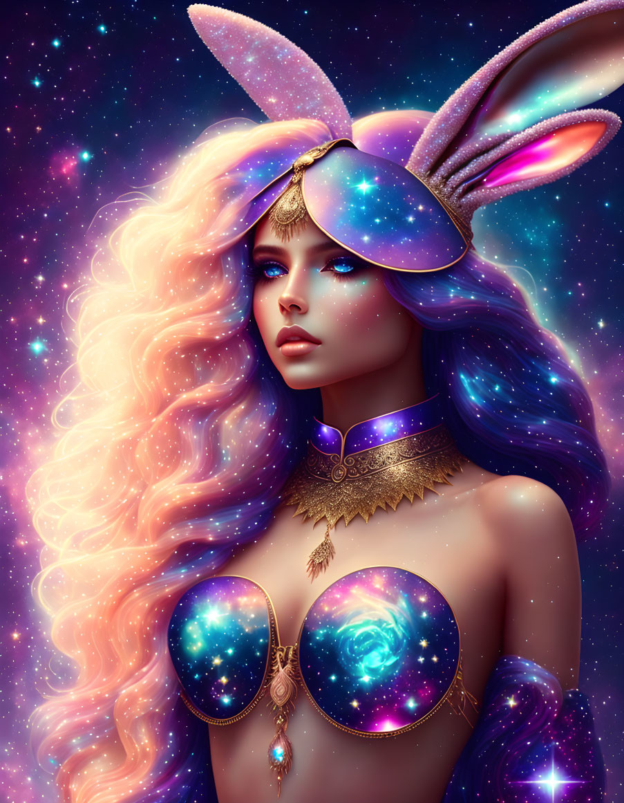 Fantasy illustration of woman with space-themed rabbit ears and cosmic attire against starry backdrop