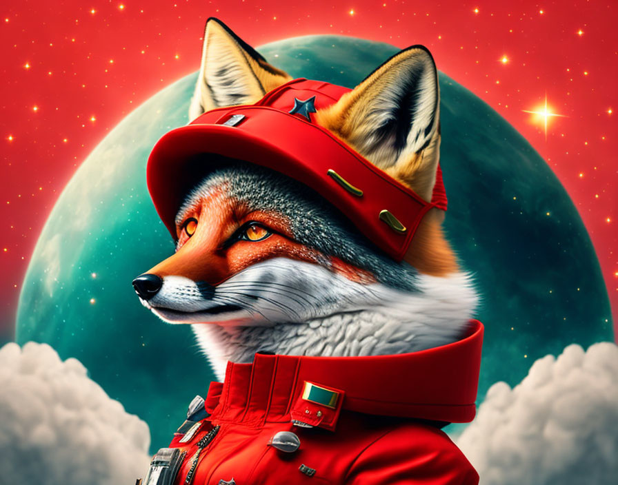 Anthropomorphic Fox in Red Astronaut Suit on Green Planet Background