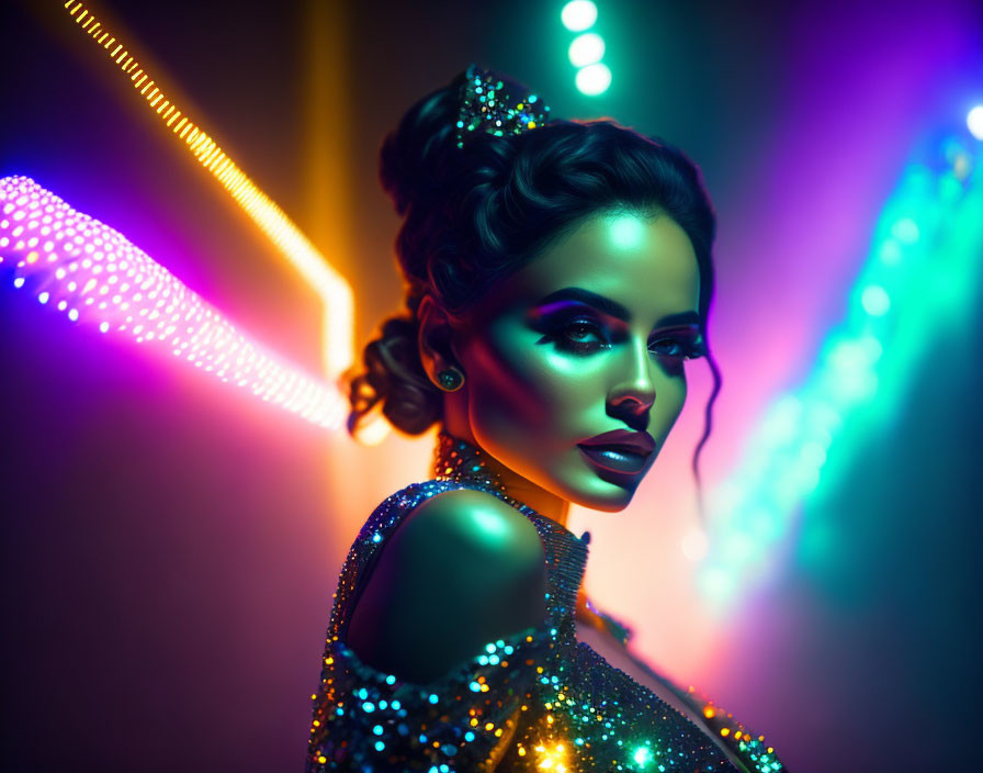 Glamorous Woman with Neon Lights and Sparkles