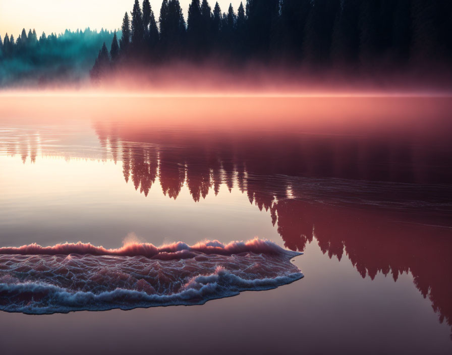 Tranquil Sunrise Scene: Misty Lake Reflecting Pink Light & Trees