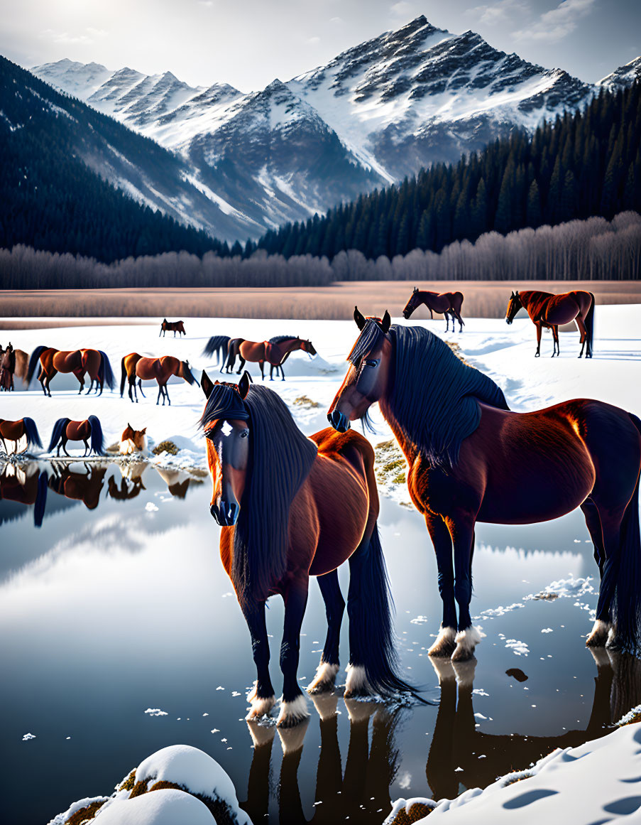 Horses near snowy lake with forested mountains under blue sky