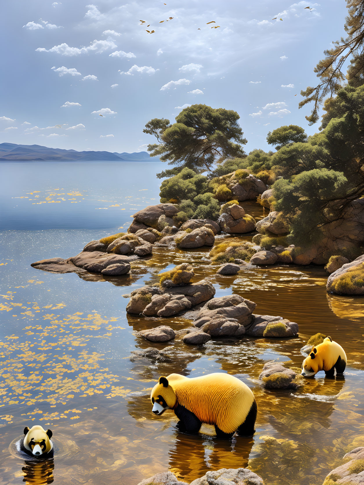 Three pandas in serene lakeside scene with golden foliage, rocks, trees, and flying birds.