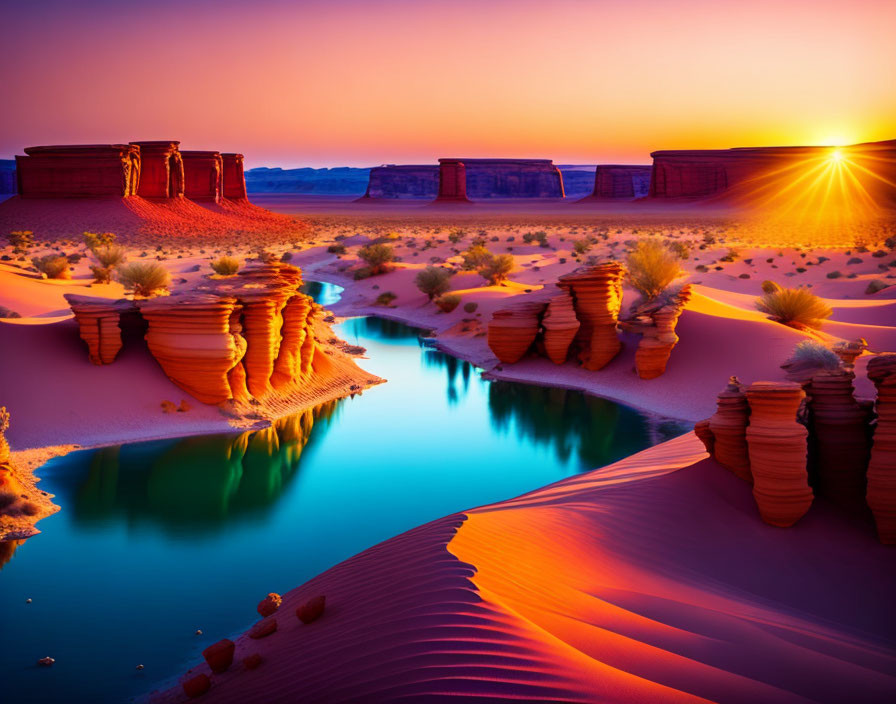 Vibrant desert oasis at sunset with red sandstone formations