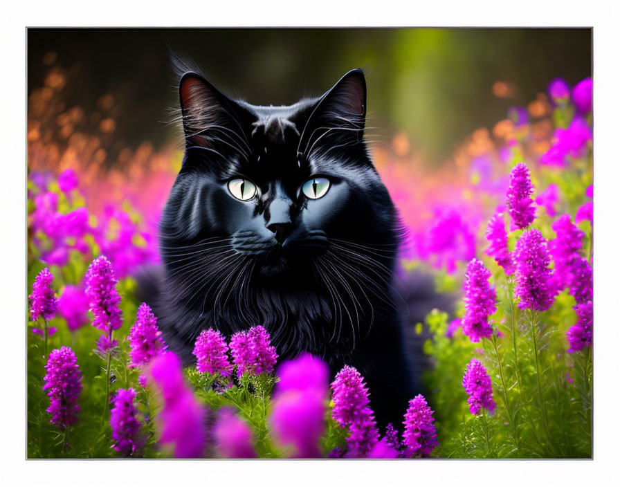 Majestic Black Cat Amidst Purple Flowers and Soft Background