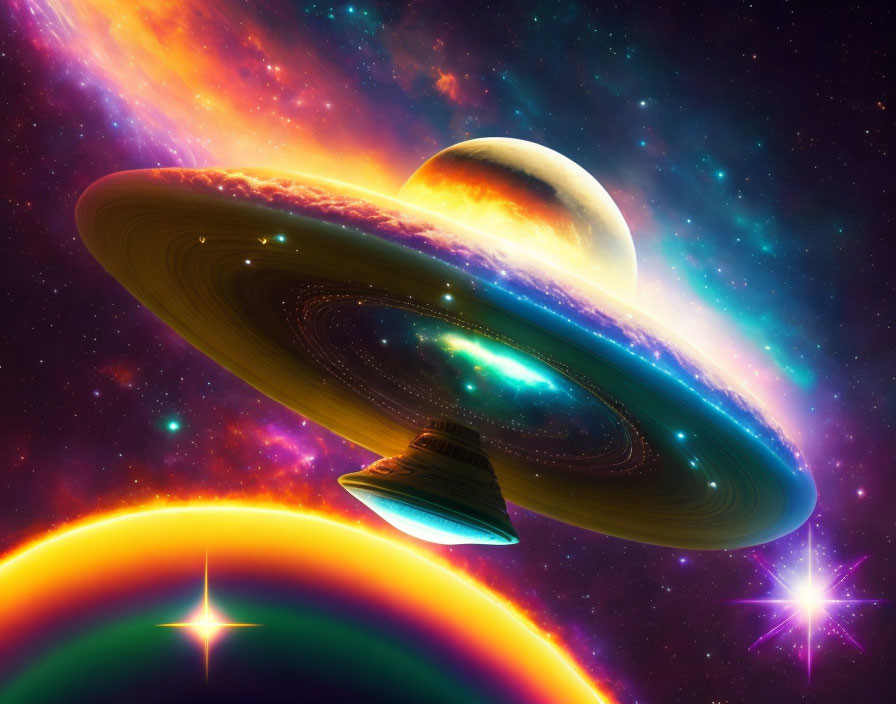 Colorful UFO in space with planet and nebulae