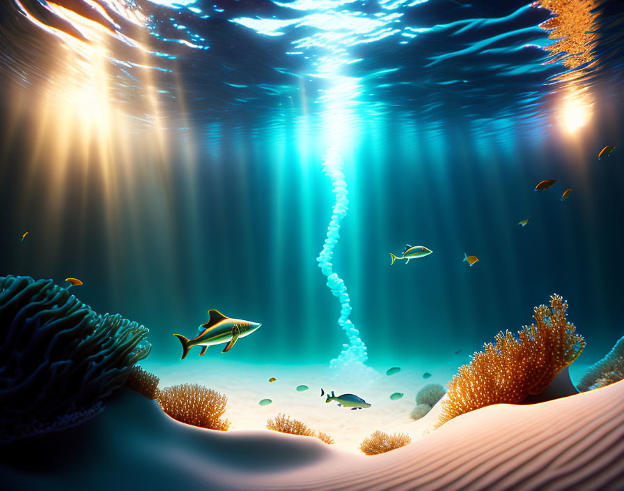 Vibrant Underwater Scene with Sunbeams, Fish, and Colorful Coral