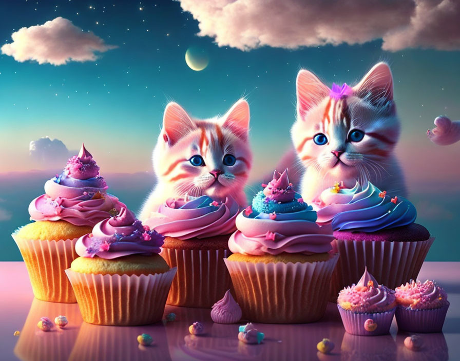 Colorful-eyed kittens on decorated cupcakes under pastel sky