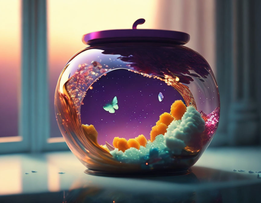 Colorful Butterfly in Glass Jar with Starry Sky and Glittering Clouds