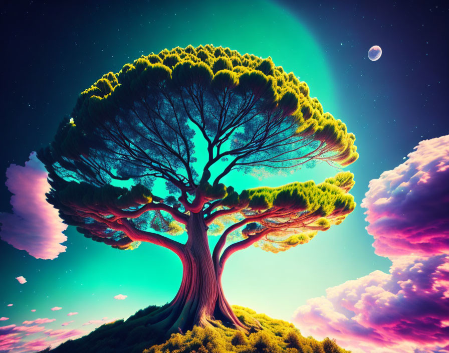 Surreal landscape with majestic tree, northern lights, colorful sky, distant moon