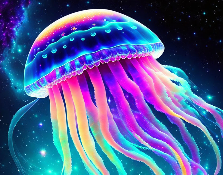 Neon-colored jellyfish in cosmic setting with luminous tentacles