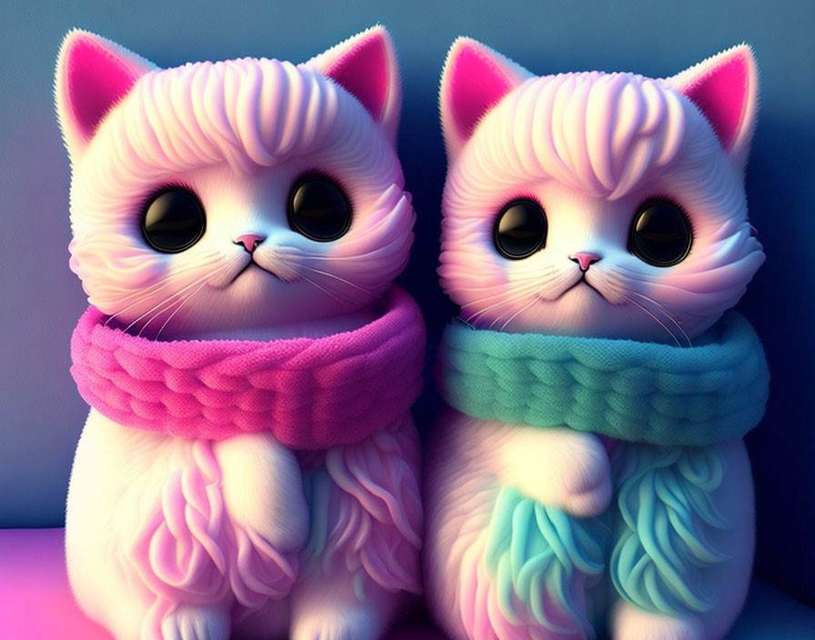 Stylized cartoon kittens in pink and teal scarves on purple background