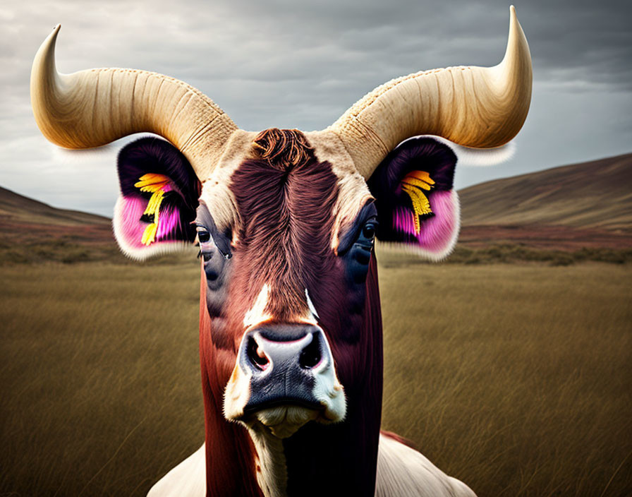 Close-up of cow with large curved horns and colorful fur tufts against moody sky and grassy