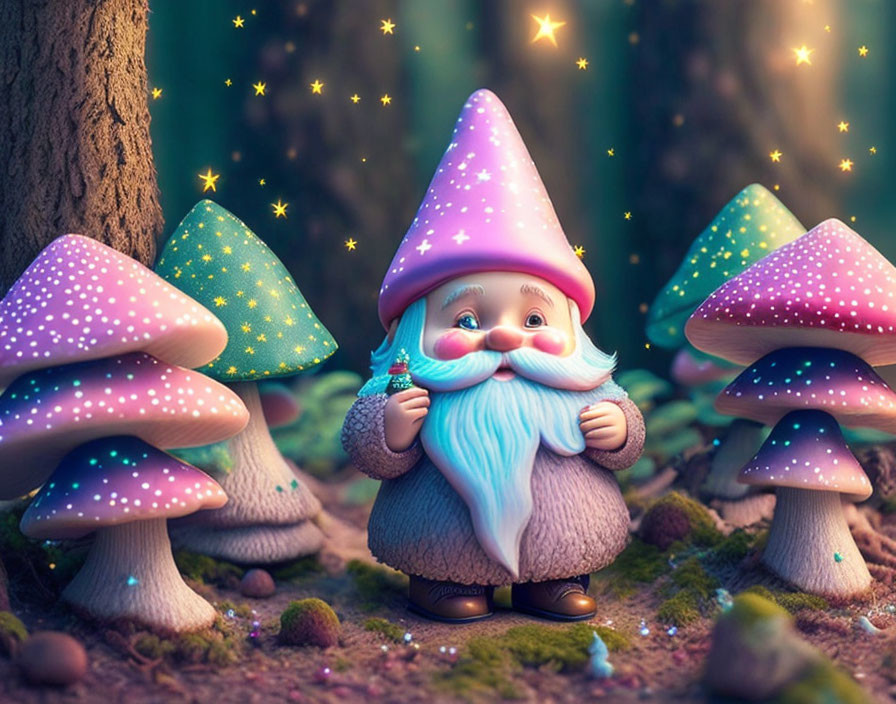 Whimsical gnome with blue and white beard holding magical star in enchanted forest.
