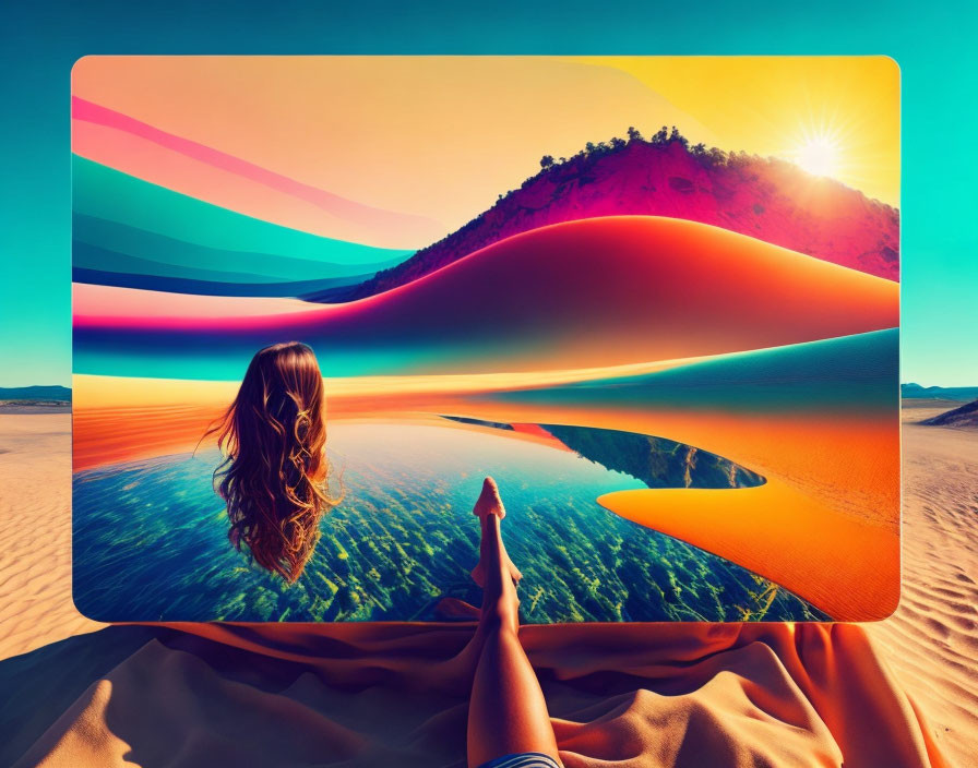 Surreal Landscape Featuring Woman and Digital Waves