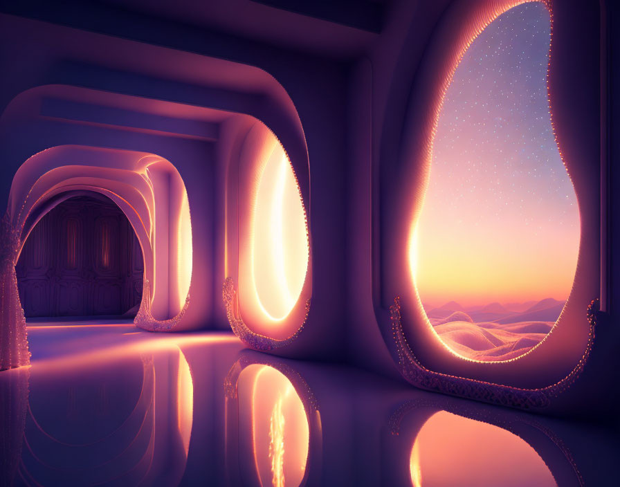 Sleek futuristic hallway with desert sunset view & starry sky reflected on polished floor