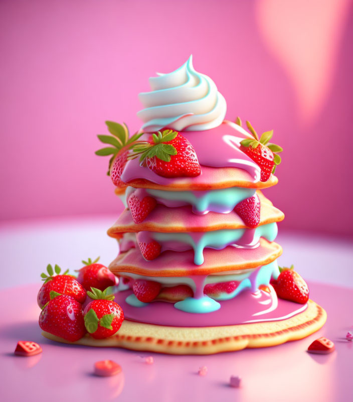 Colorful stack of pancakes with pink and blue icing, cream swirl, and strawberries on pink background