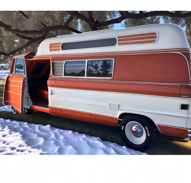 Vintage Orange and White Camper Van Parked Under Trees