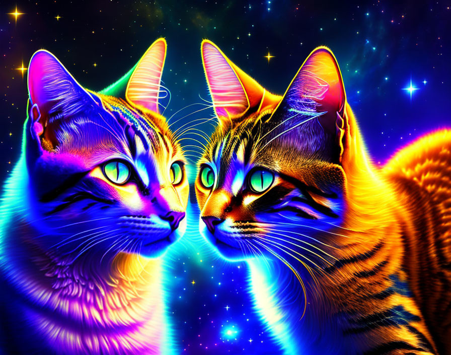 Colorful Cosmic-Themed Cats with Blue and Orange Stripes