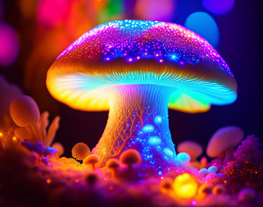 Colorful Artificial Mushroom Surrounded by Luminescent Objects