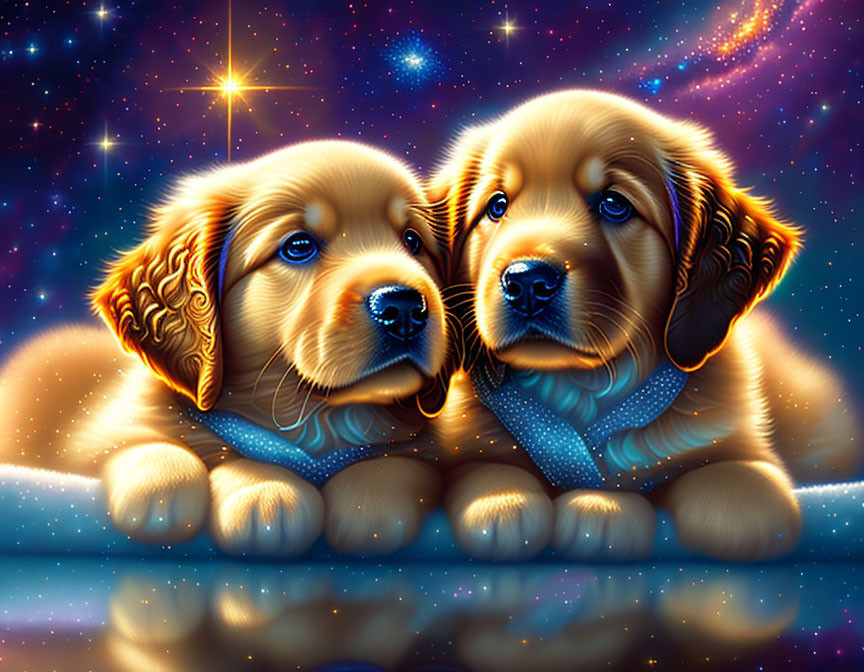 Adorable puppies with glossy eyes and shiny fur in starry cosmic setting