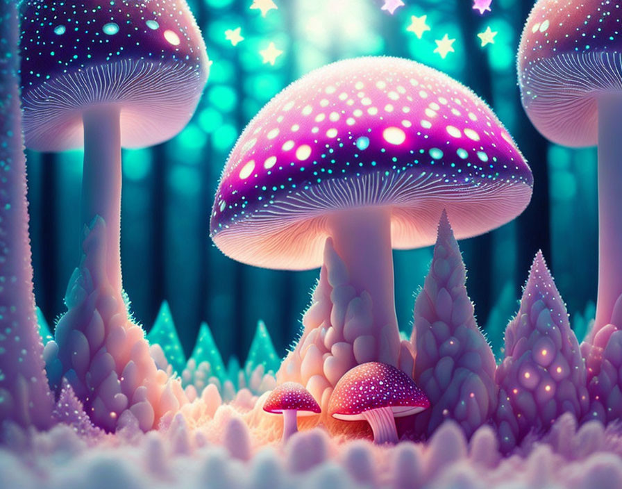 Colorful Mushrooms in Neon-lit Fantasy Forest: Digital Art Displaying Luminescent Scene