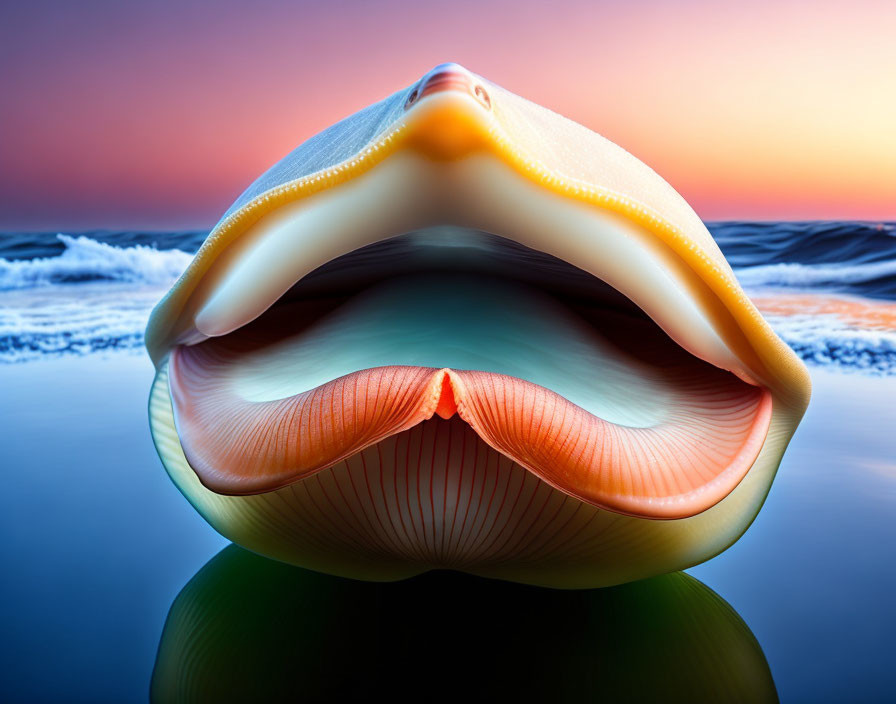 Digital image of open clam shell on reflective surface with sunset over ocean