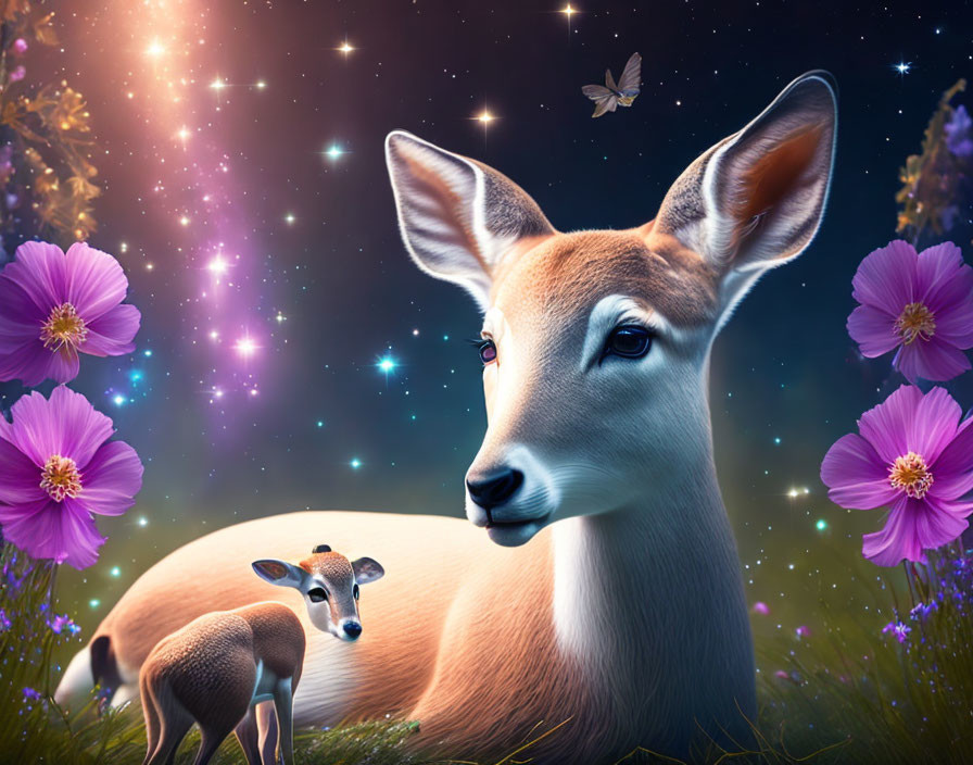 Digital artwork: Doe and fawn in enchanted meadow with purple flowers, butterfly, starry sky