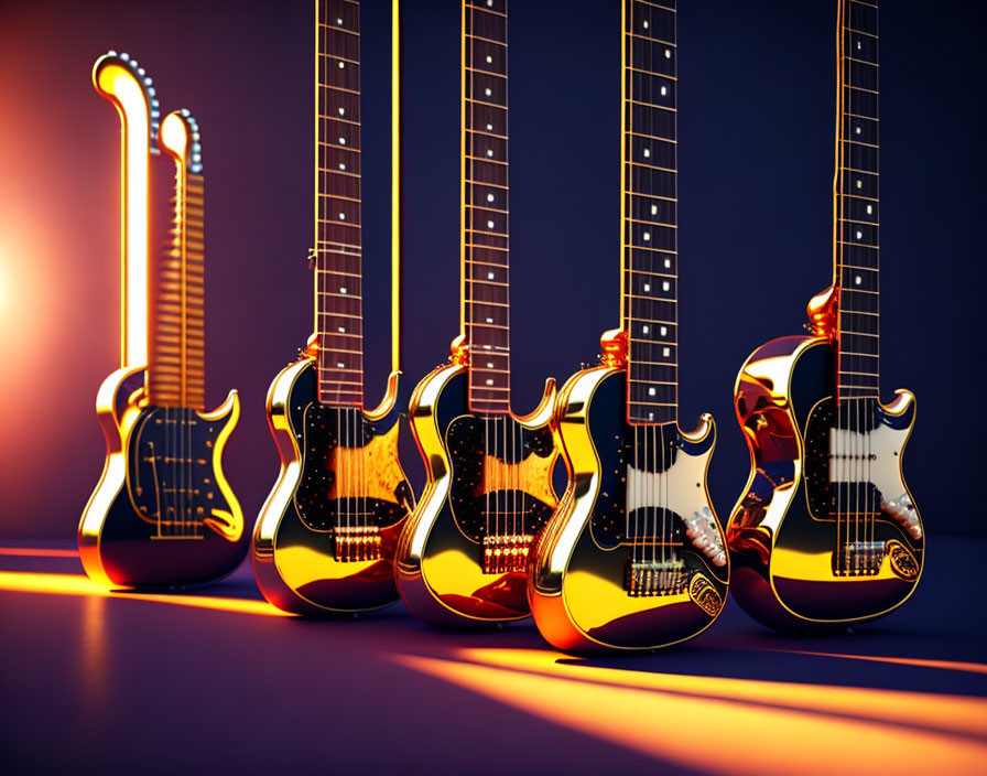 Five golden electric guitars on purple and orange gradient background