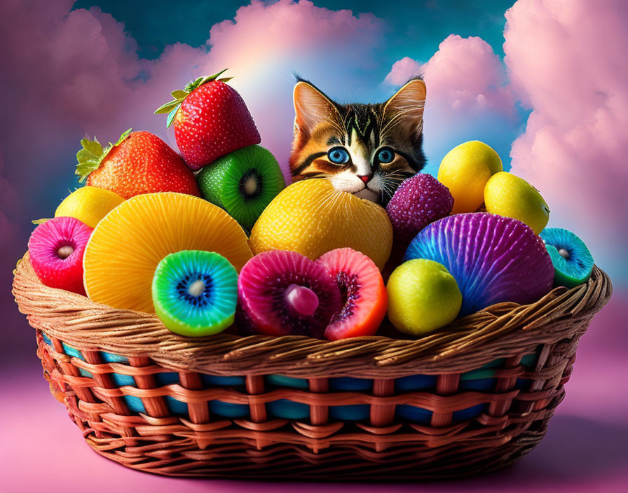 Adorable kitten in wicker basket with colorful fruits on sky-blue backdrop