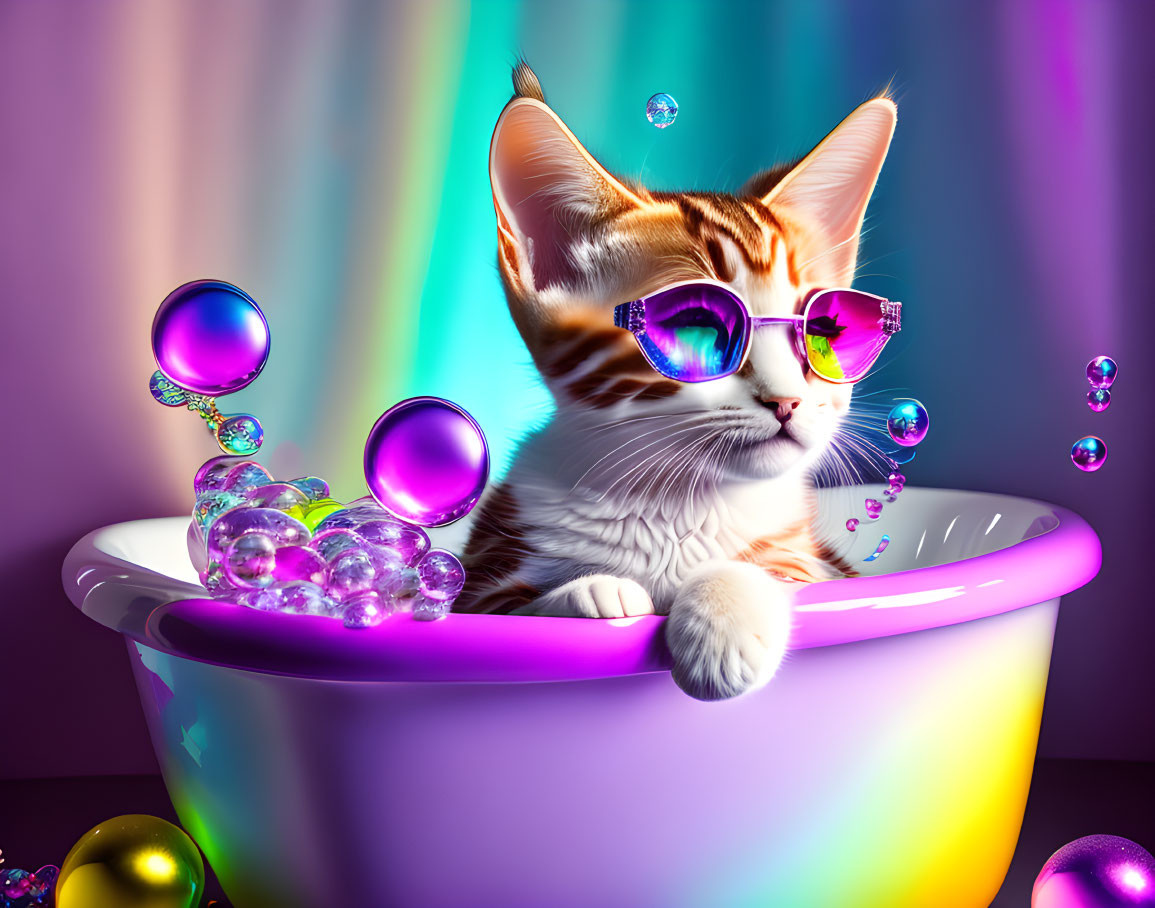 Colorful Bathtub Scene: Cat in Sunglasses with Shiny Bubbles