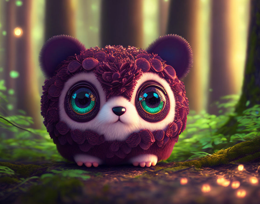 Round fluffy animal with blue-green eyes in mystical forest illustration.