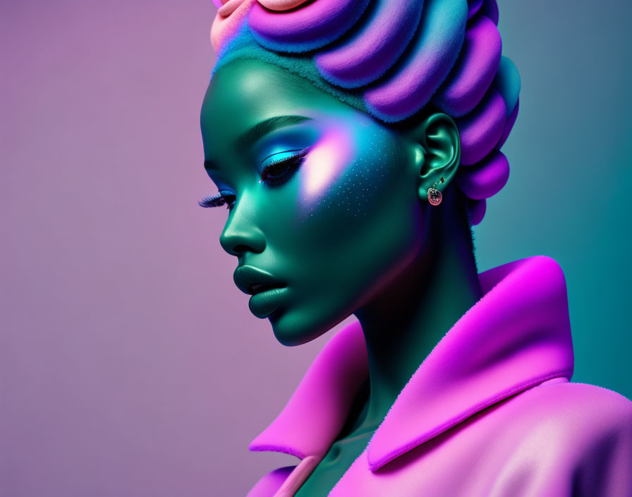 Portrait of person with iridescent skin, purple hair, pink jacket on gradient background