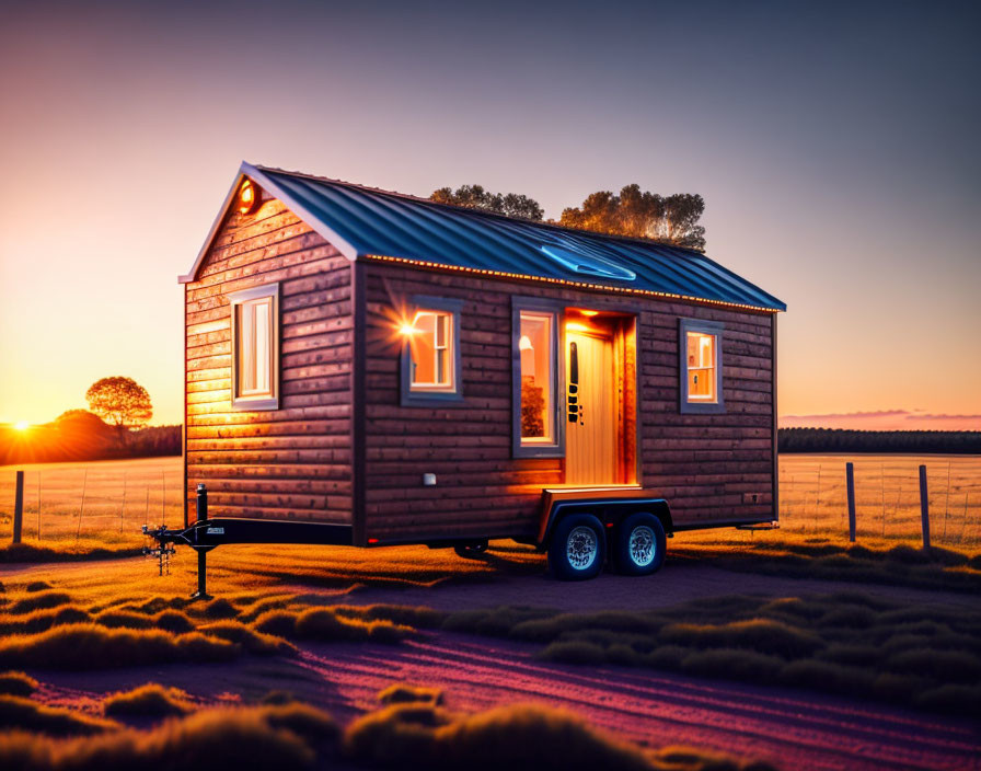 Tiny Wooden House on Wheels at Sunset in Serene Countryside