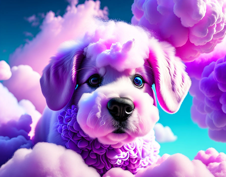 Surreal image of puppy with oversized fluffy clouds