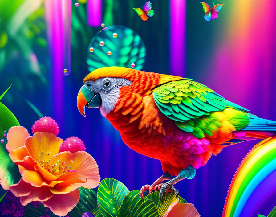 Colorful Parrot Among Tropical Flowers and Butterflies in Neon Rainbow Setting