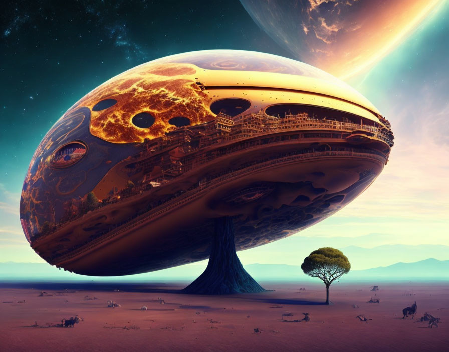 Gigantic futuristic spaceship resembling a city planet above desert landscape