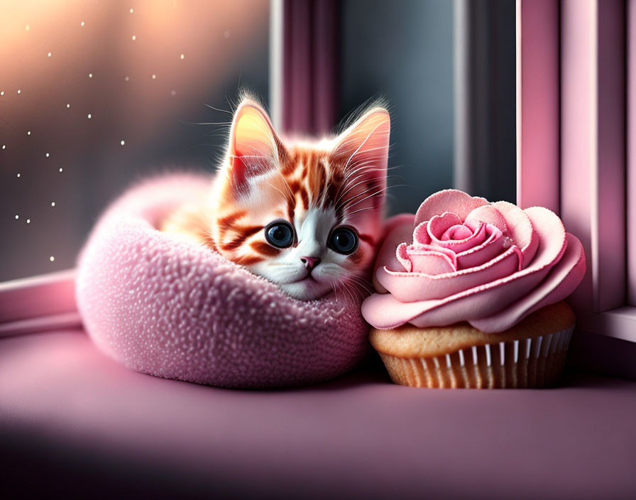 Orange and White Kitten with Cupcake by Window