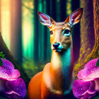 Fantasy-inspired image: Luminous-eyed deer in neon-lit forest