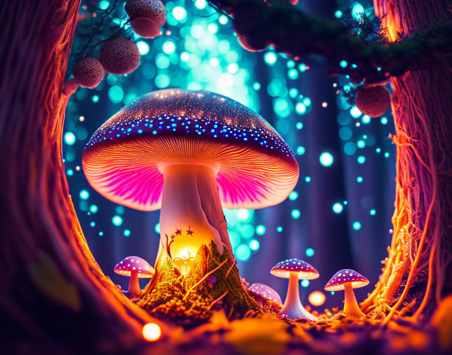 Enchanting fairy tale scene with glowing mushrooms and luminous plant life