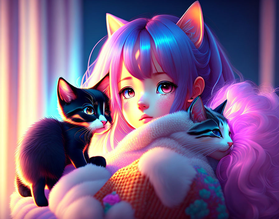 Girl with Cat Ears Contemplating with Two Kittens in Colorful Setting
