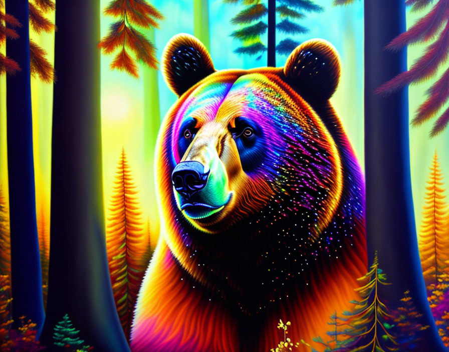 Colorful Bear Head Artwork in Psychedelic Forest Setting