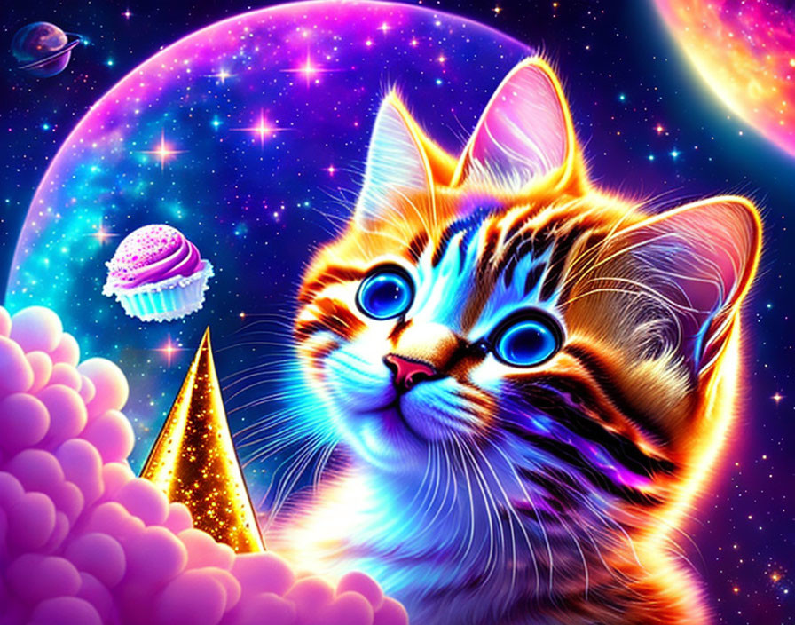 Colorful Cat Illustration with Cosmic Background: Planets, Pink Clouds, Cupcake