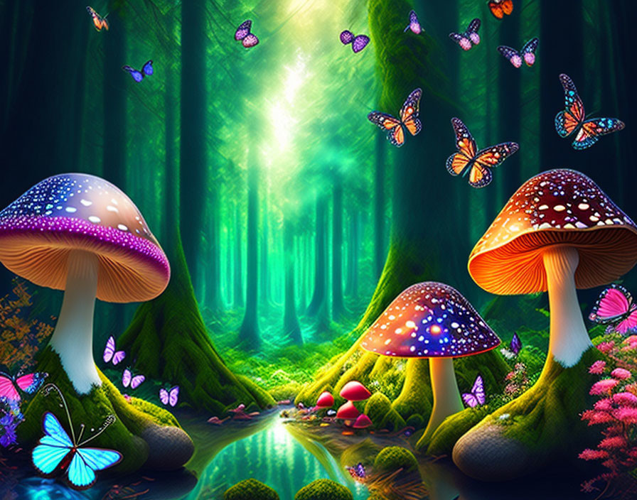 Enchanting fantasy forest with glowing mushrooms, butterflies, and reflective pond