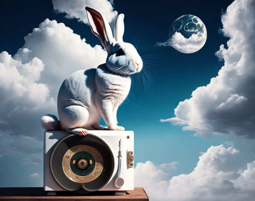 White rabbit in the clouds with an old record play