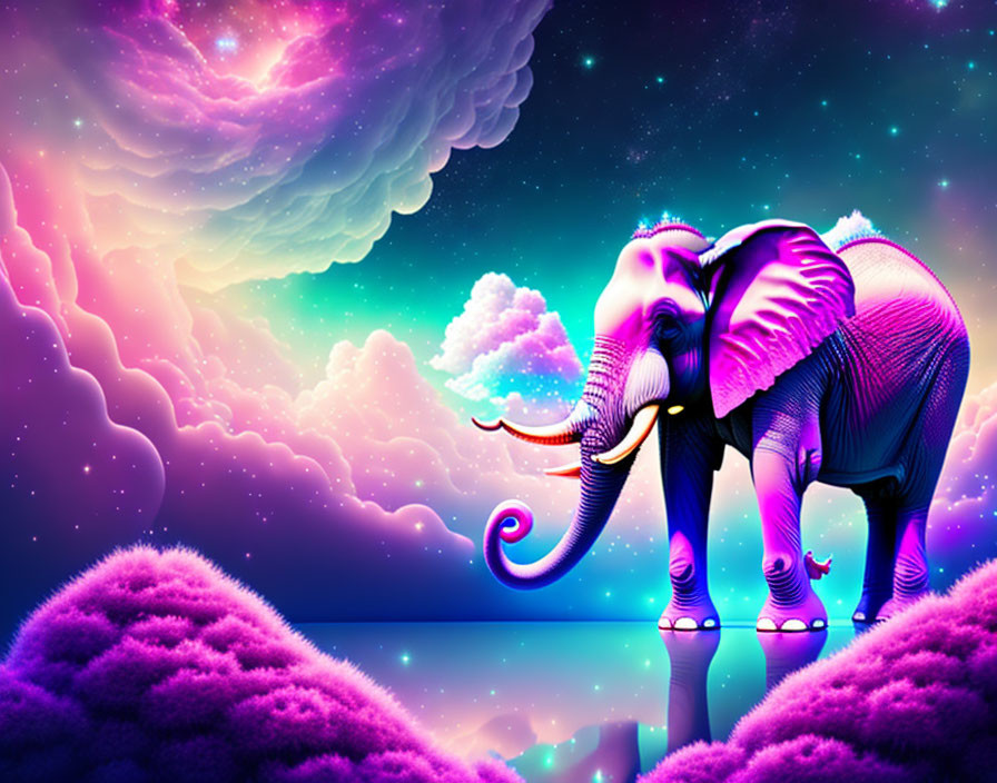 Colorful neon-lit elephant in cosmic sky with pink clouds and galaxies