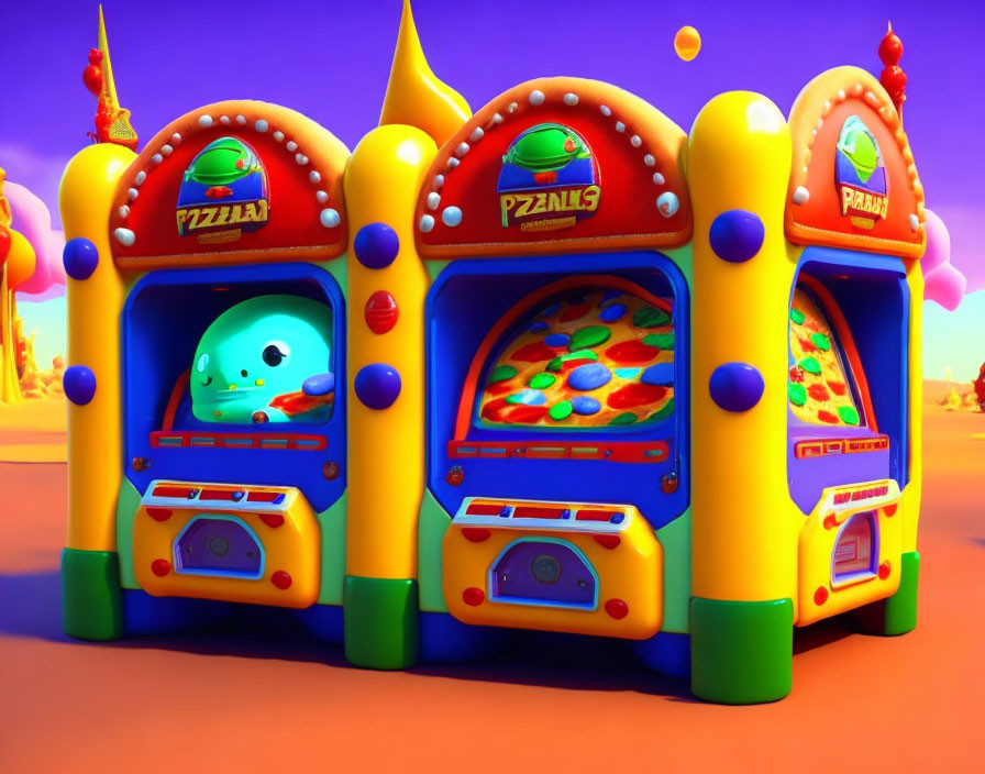 Colorful Claw Machine Arcade Games in Cartoonish Alien Theme at Sunset