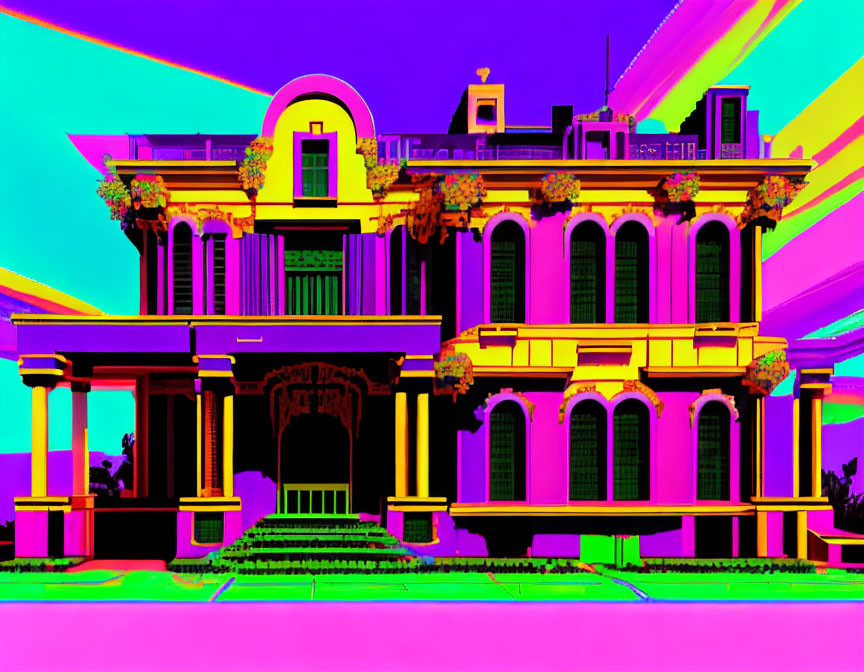 Neon-colored digital art of Victorian-style house in pink, yellow, and green