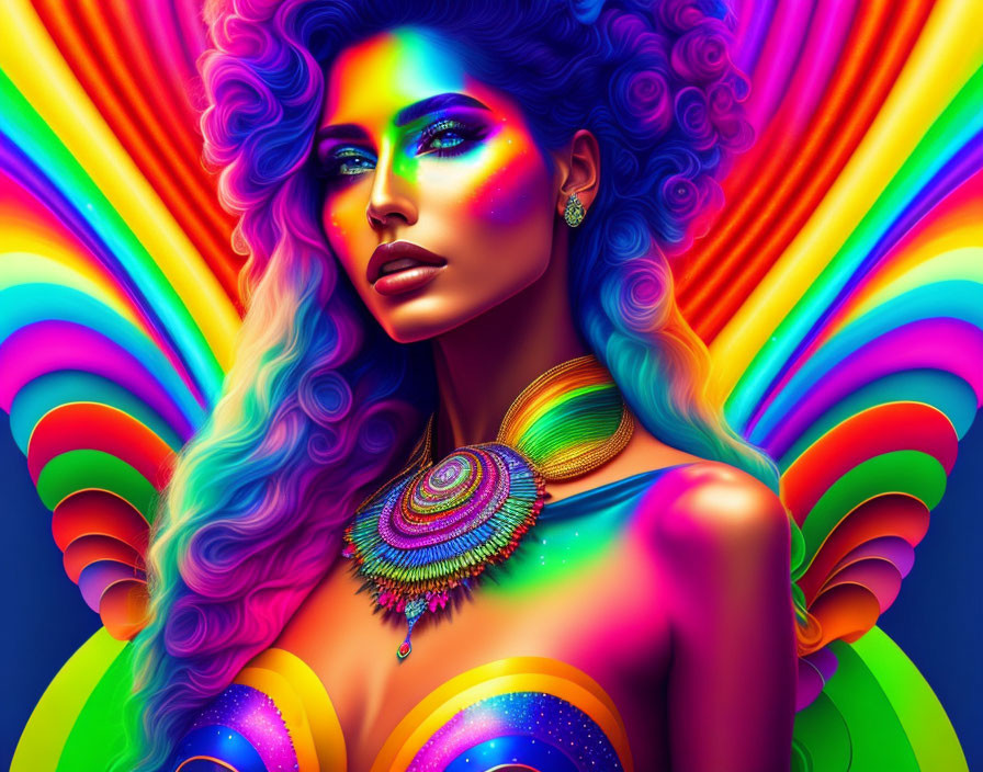 Colorful Portrait of Woman with Rainbow Hair and Makeup Against Butterfly Wing Backdrop